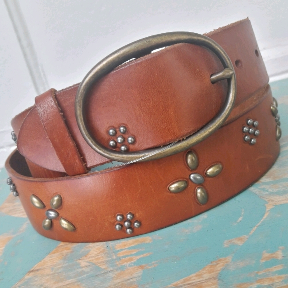 Genuine Leather Belt Ornate Metal Rivets Grommets